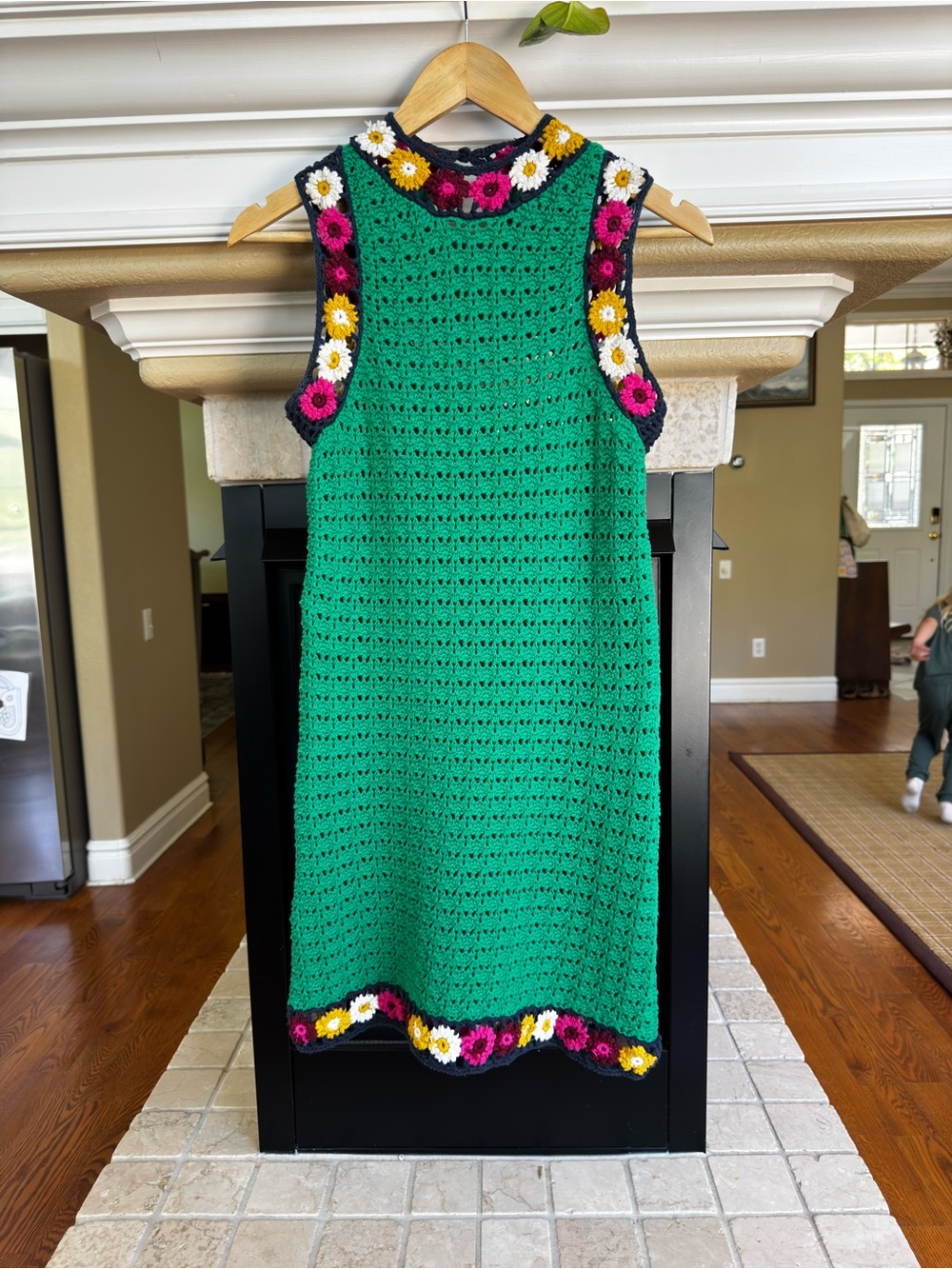 Zara Floral Crochet Knit Mini Dress Green with Pink Yellow details Resort Wear S